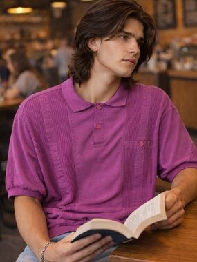 Vtg Knightsbridge Mens Large Magenta Textured Knitted Pullover Polo Shirt Banded